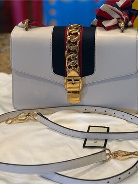 Gucci Sylvia White Leather Shoulder Bag with Navy and Red Stripe and Gold Chain
